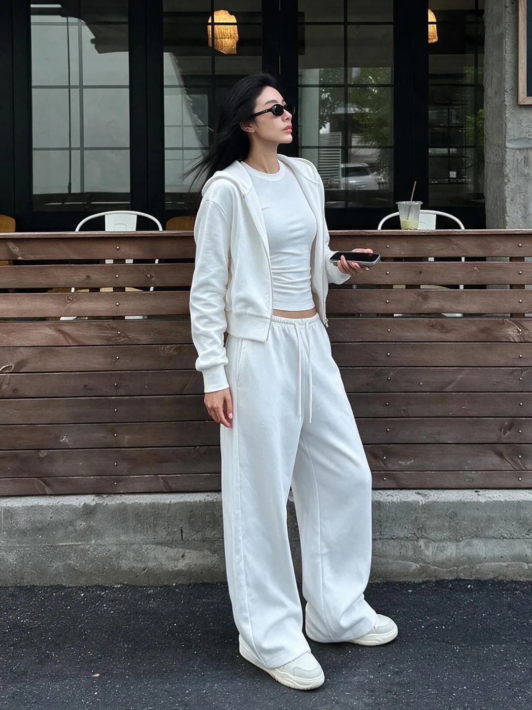 American Minimalist Sportswear Set Women's Autumn 2026 New Style White Casual Hooded Jacket Wide Leg Pants Two Piece Set