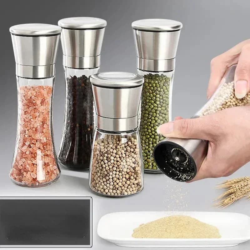 Macina sale e pepe in acciaio inossidabile Macinacaffè manuale per alimenti Macinini per erbe Contenitori per barattoli di spezie Gadget da cucina Bottiglie di spezie Vetro