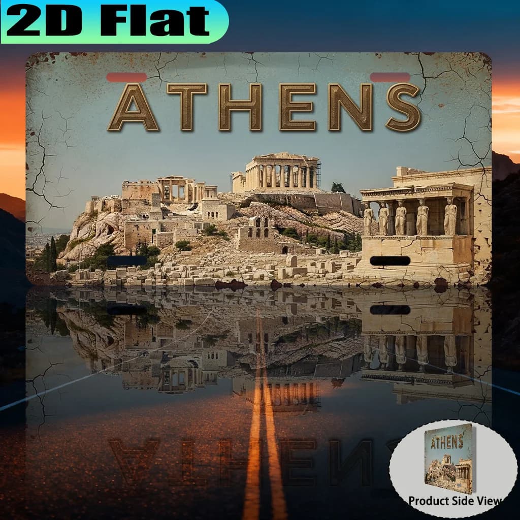 Targa in Metallo Stile Targa Automobilistica con Stampa 2D della Acropoli di Atena, Grecia, Insegna Decorativa in Alluminio a Tema Monumento Greco Antico