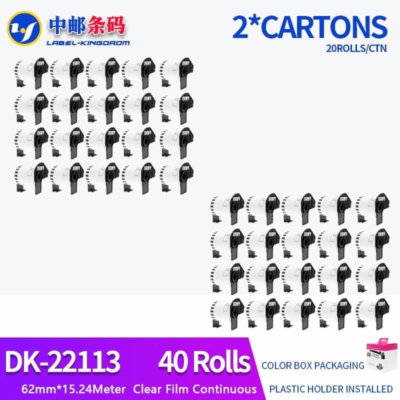 40 rotoli di etichette trasparenti compatibili DK-22113 62 mm * 15,24 M continue per stampante Brother QL-700/800 inclusa supporto in plastica