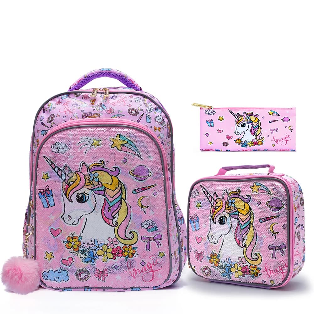 3PCS Kids Travel Bag, Luggage Bag, Bookbag, With Lunch Box And Pen Bag, Cute Cartoon Pink Unicorn Sequin, Nighttime Reflective