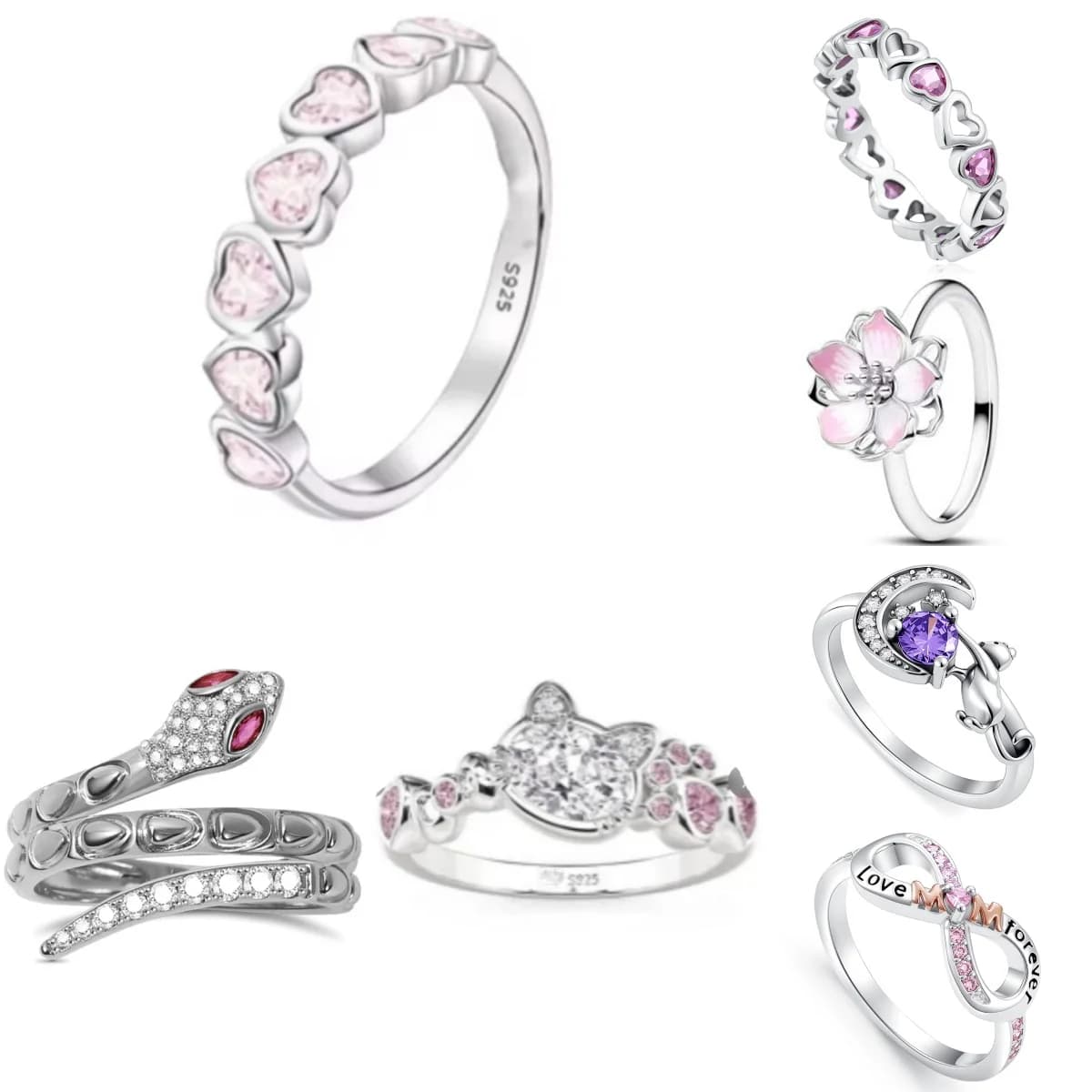 Fashionable 925 silver charming cat flower snake ring size 6 7 8 9 women's original wedding crystal luxury accessory S925 logo