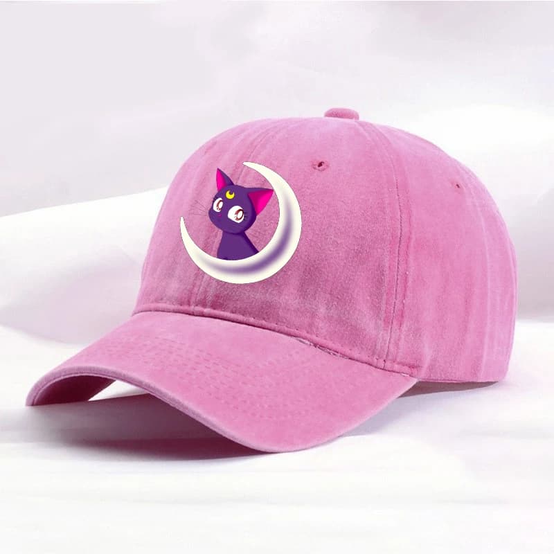 Cappellino da baseball da donna effetto lavato Sailor Moon con Luna Artemis e simpatico gatto, stile Hip Hop, con apertura per coda di cavallo, per viaggi, sport all'aperto e protezione solare