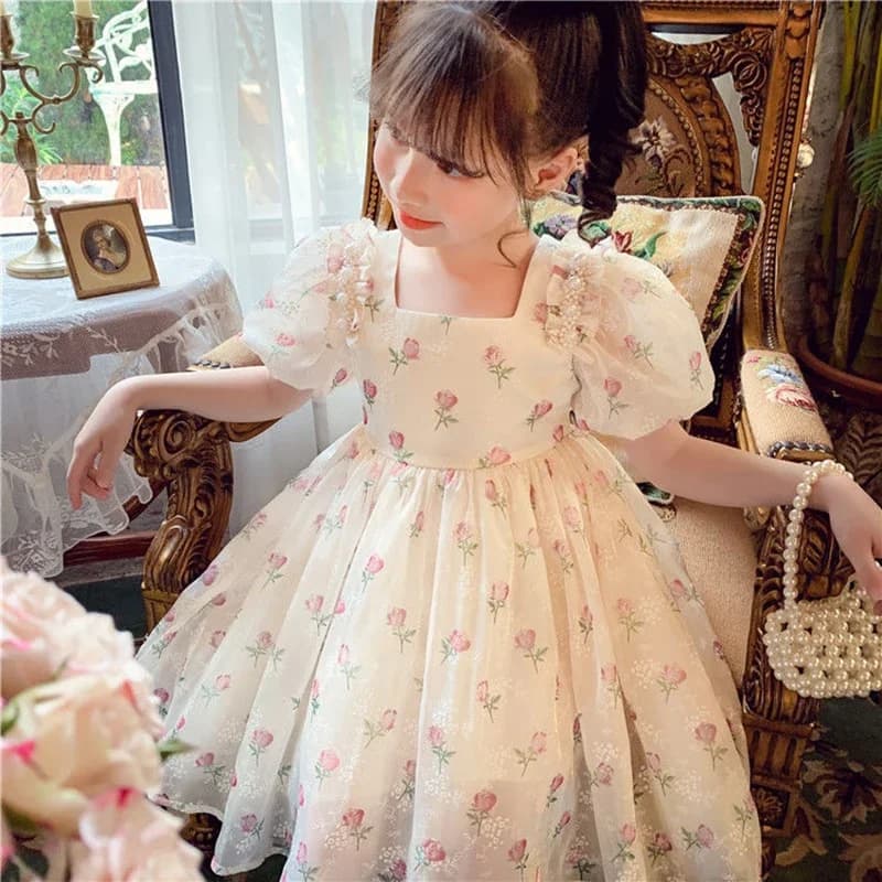Abito da ragazza in pizzo con fiori di rosa con stampa completa estiva da 1 a 8 anni, abito da principessa con decorazione di perle e fiocco grande per bambini