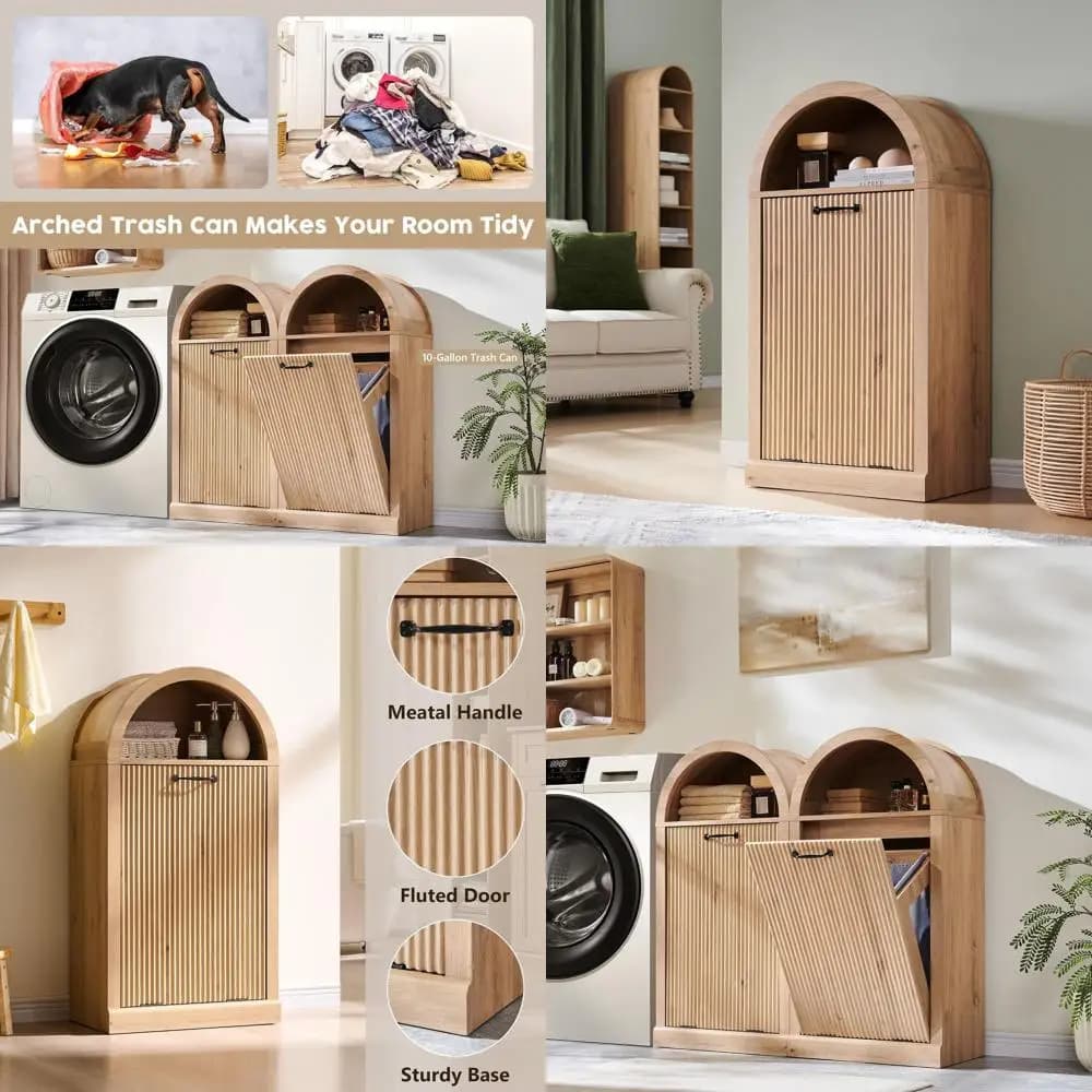 Mobiletto Portarifiuti a Due Piani da 10 Galloni con Cestello Portaoggetti per Cucina e Soggiorno, Finitura Naturale
