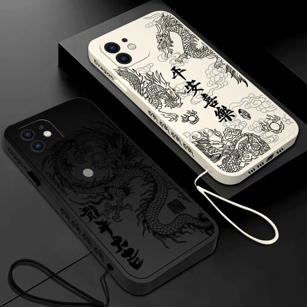 Fashion Cute Black China Dragon Phone Case for iPhone 15 14 13 12 11 Pro Max Mini XR XS 8 7 Plus Soft Cover with Wrist Strap