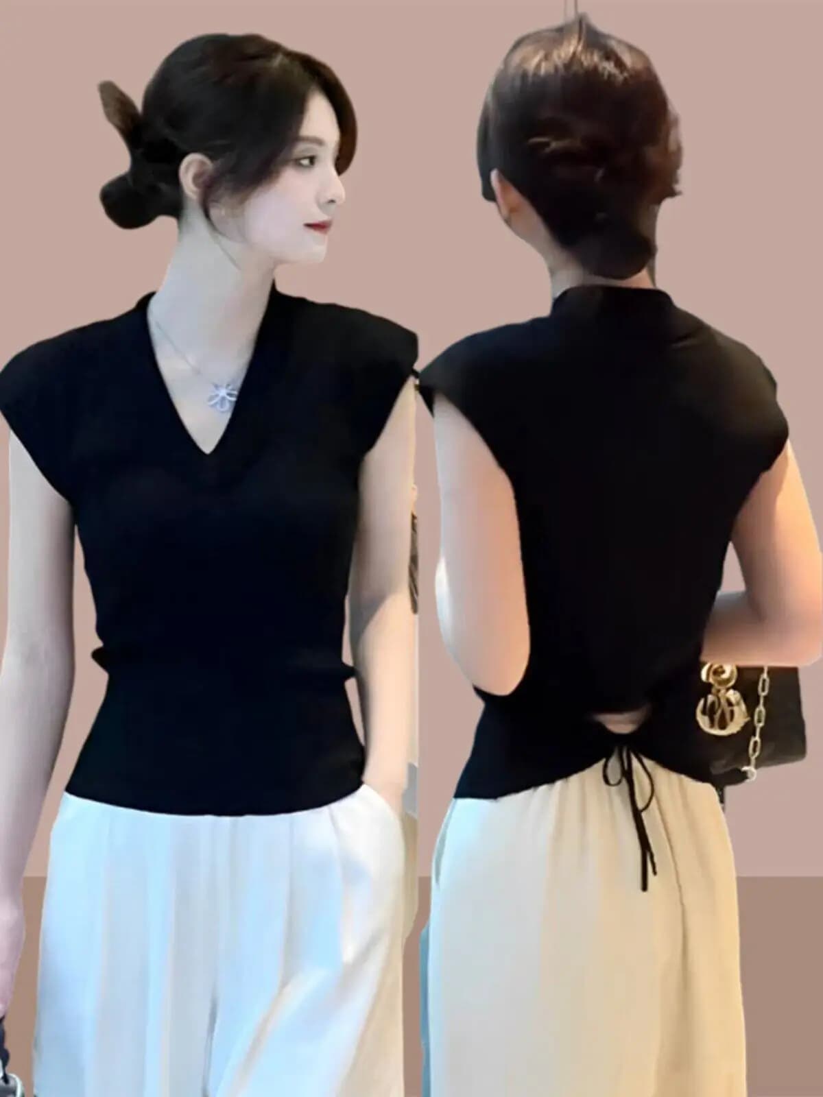 T-shirt Unica a Maniche Corte con Scollo a V, Design alla Moda da Donna, Nuovo Stile 2026, Top Nero Slimming con Cintura in Vita, Stile Coreano per il Pendolarismo
