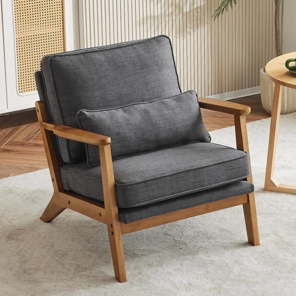 Poltrona Lounge in Tessuto di Lino con Braccioli Larghi e Cuscino Lombare, Adatta per Soggiorno, Camera da Letto, Balcone, Grigia