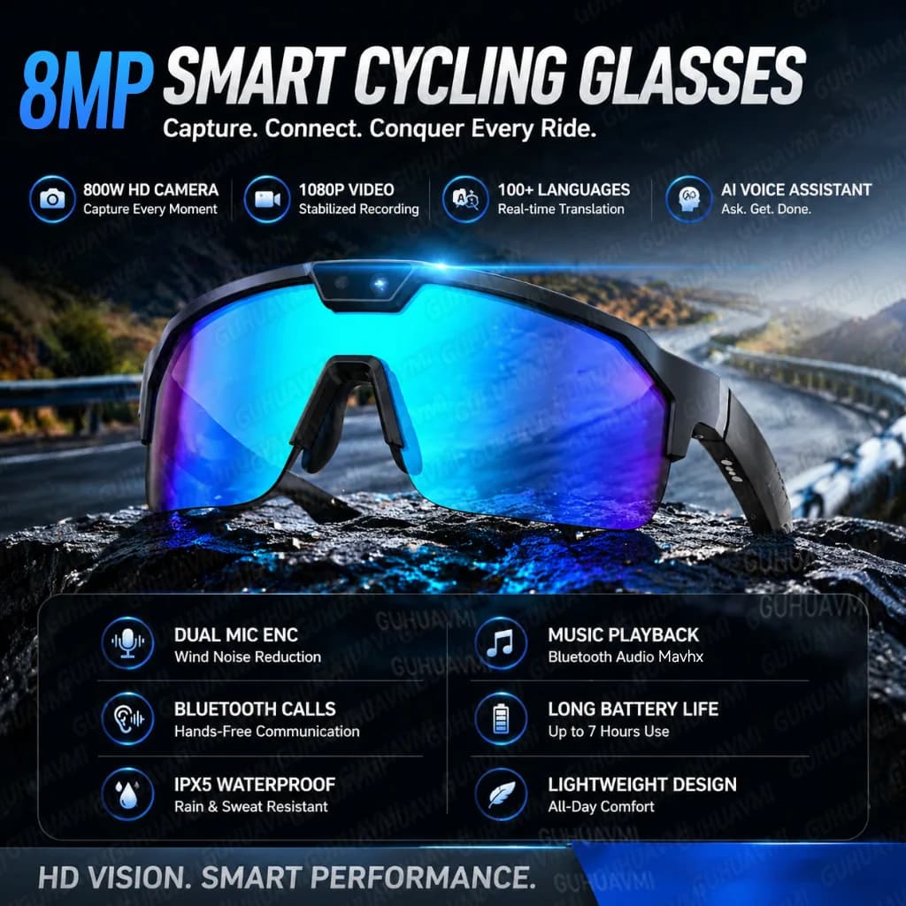 New POV Sports Cycling Smart Glasses Men 8MP HD EIS Camera 1080P Video 100+Language Translation ChatGPT Audio Video Action 2026