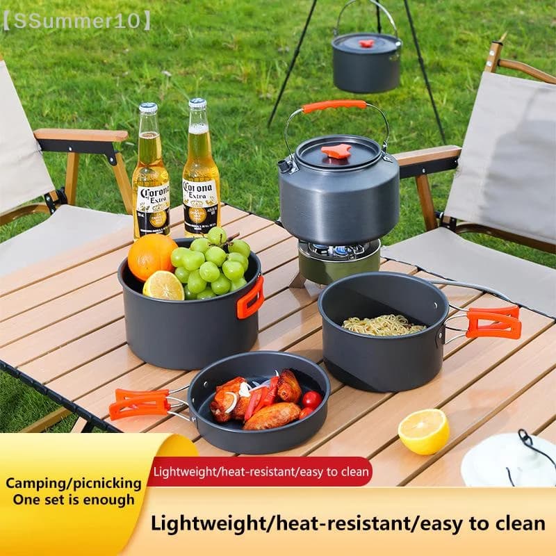【SSummer10】Camping Aluminum Portable Outdoor Cookware Set - Tableware Cookset Pan Bowl Kettle Pot Hiking BBQ Picnic Equipment