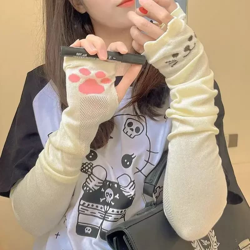 Women's Cute Cat Paw Printed Long Gloves Summer Sun Protection Fingerless Gloves Japanese Style Cartoon Breathable Arm Sleeves
