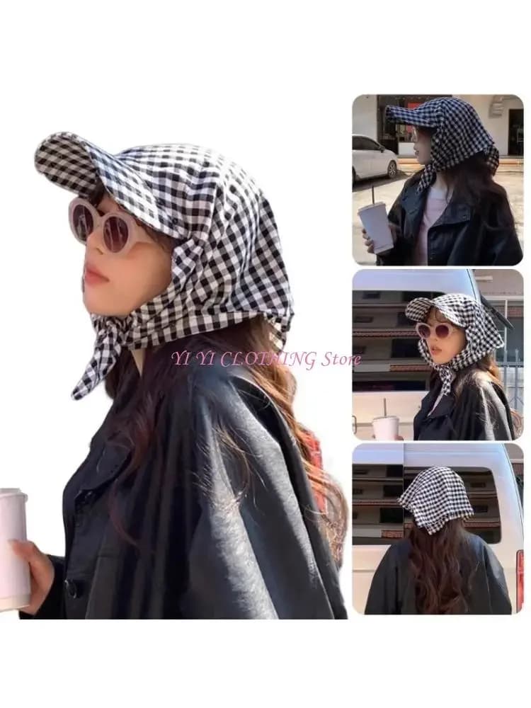 N5KF Cappello con foulard a quadretti alla moda per outfit casual da donna