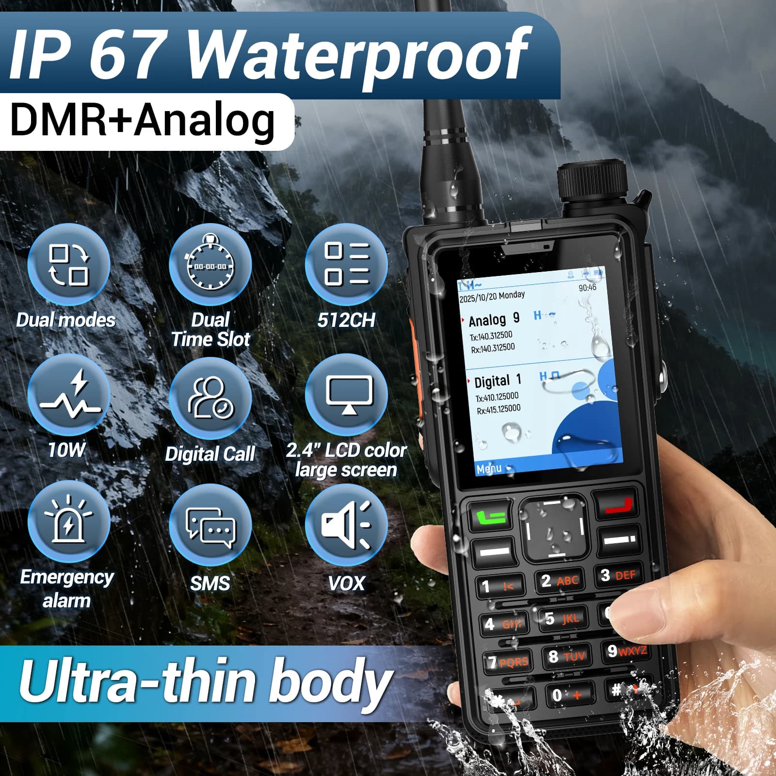 ABBREE DMR AR-880 Walkie Talkie digitale 10W IP67 Impermeabile analogico Doppio slot per tempo Veicolo portatile a lungo raggio VHF UHF Ham Radio