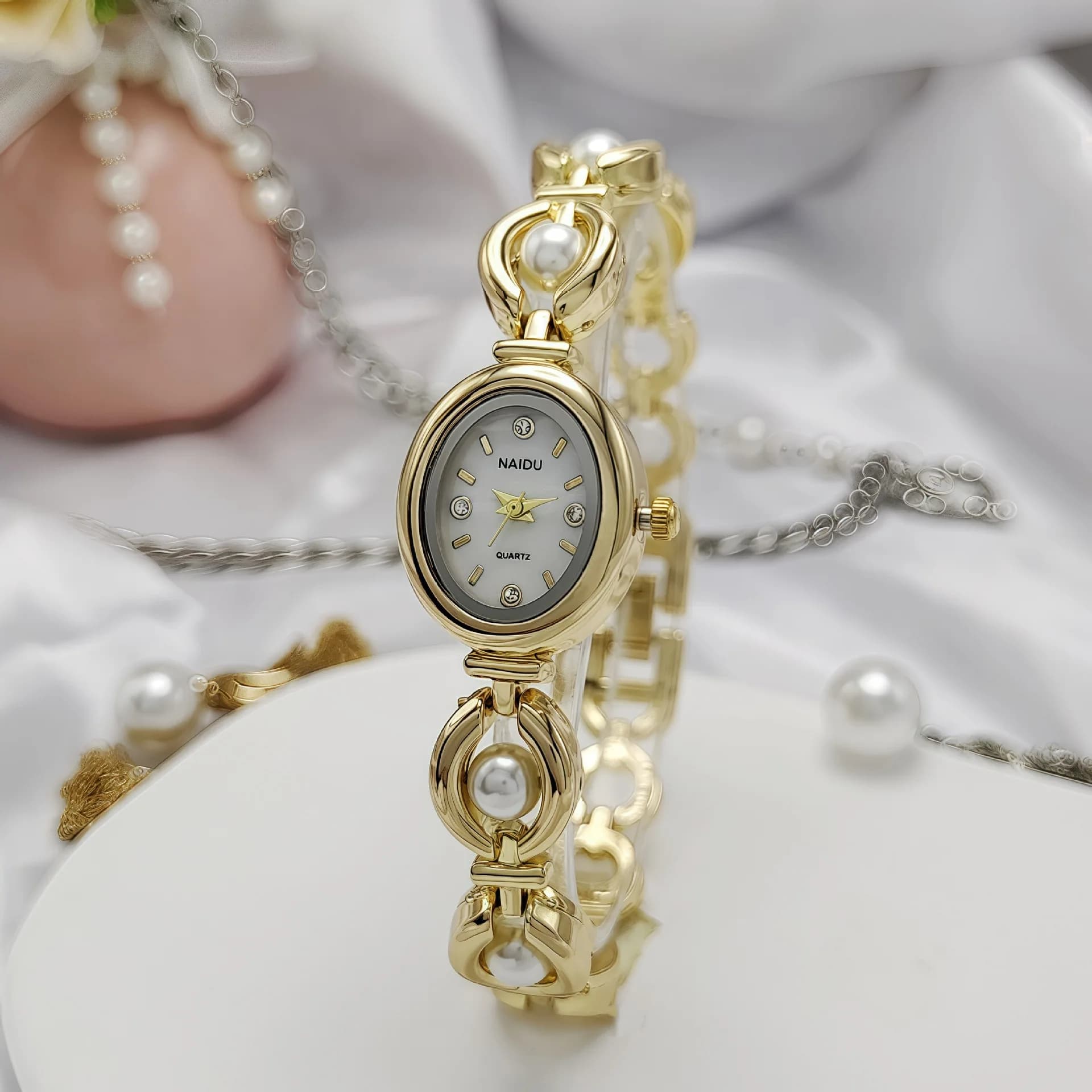 Nuovo orologio da polso da donna, orologio con cinturino ovale in acciaio, orologio con perle finte di lusso in stile antico, orologio al quarzo dal design elegante