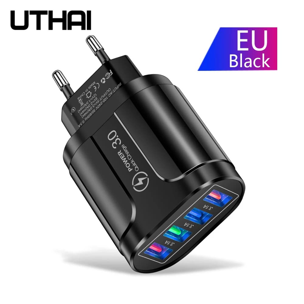UTHAI HC-385 3A 4-Port Mobile Phone Charger LED Light 4 USB Charger Charging Head Mobile Phone Travel Charger