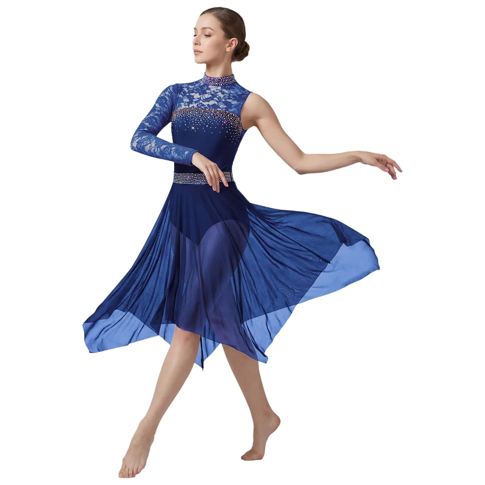 Abito da Danza Lirica e Pattinaggio Artistico per Donne, con Strass, per Balletto e Danza Contemporanea, Body in Pizzo Floreale a Maniche Lunghe e Rete