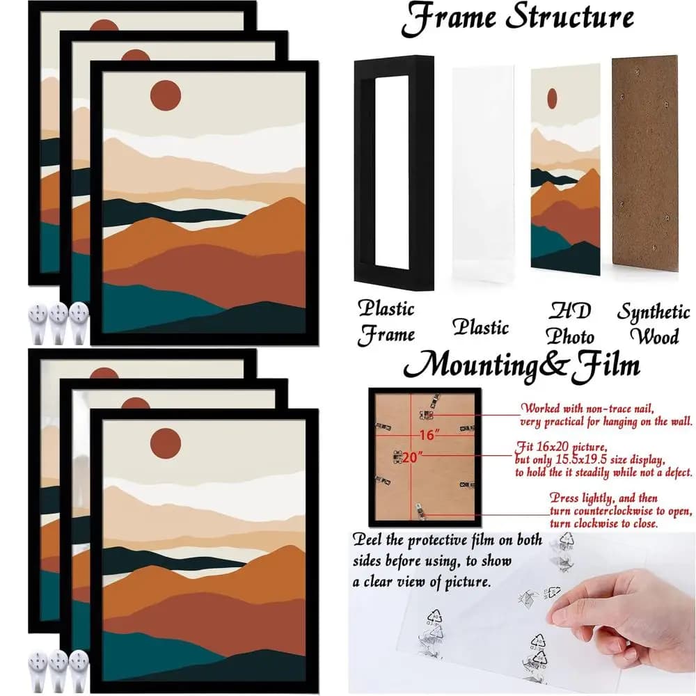 Set of 3 Black Frames 16x20, Transparent Glass for Walls or Table, Versatile Exhibition for Artworks and Collage