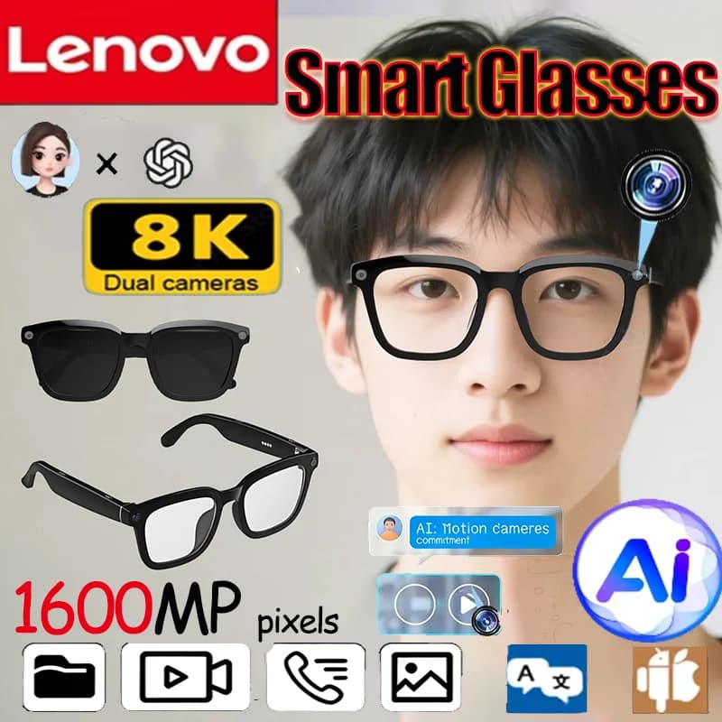 Lenovo 8KHD AI Smart Sunglasses 2026 Touch Control Photo Recording Translator Voice Assistant Music Bluetooth Wireless Glasses