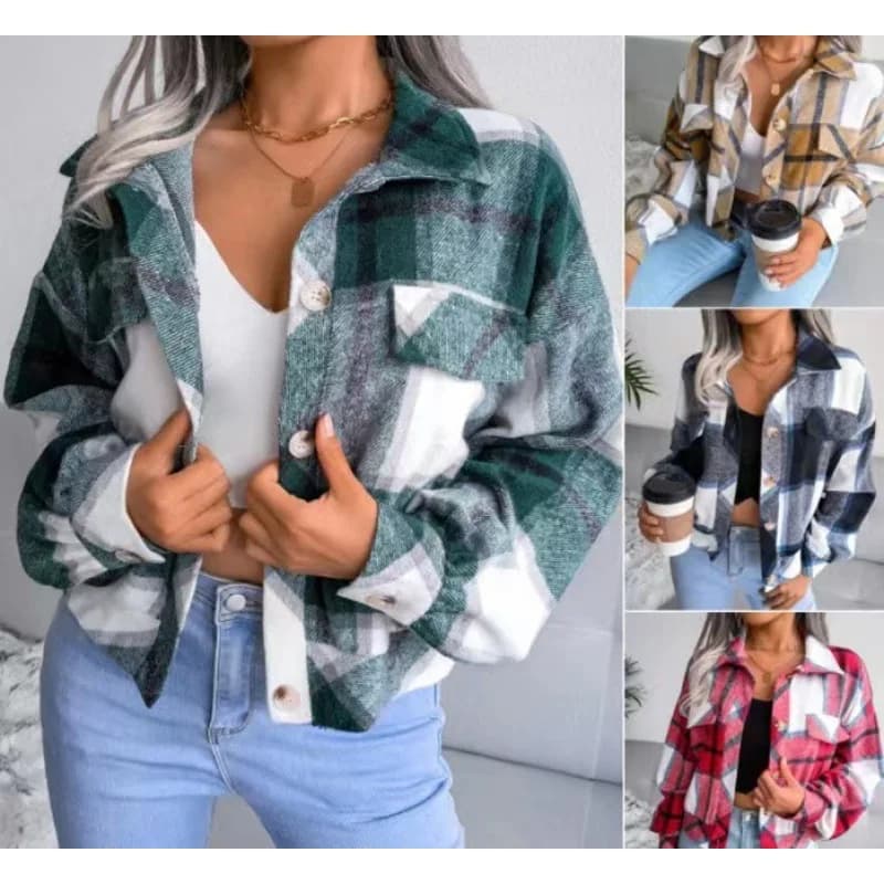 Autumn Winter Plaid Woolen Jacket Lantern Sleeve Long Sleeve Cross-Border Women's Short Coat Denim Style No Brand BH2010