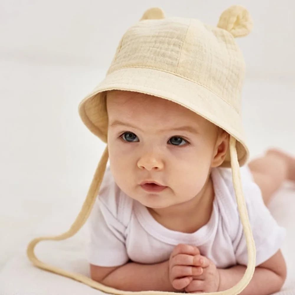 Comfortable Muslin Cotton Sun Hat with Ears Adjustable Panama Sun Hat 3-12M Infant Cap Hat Newborn Bucket Hat Outdoor Play