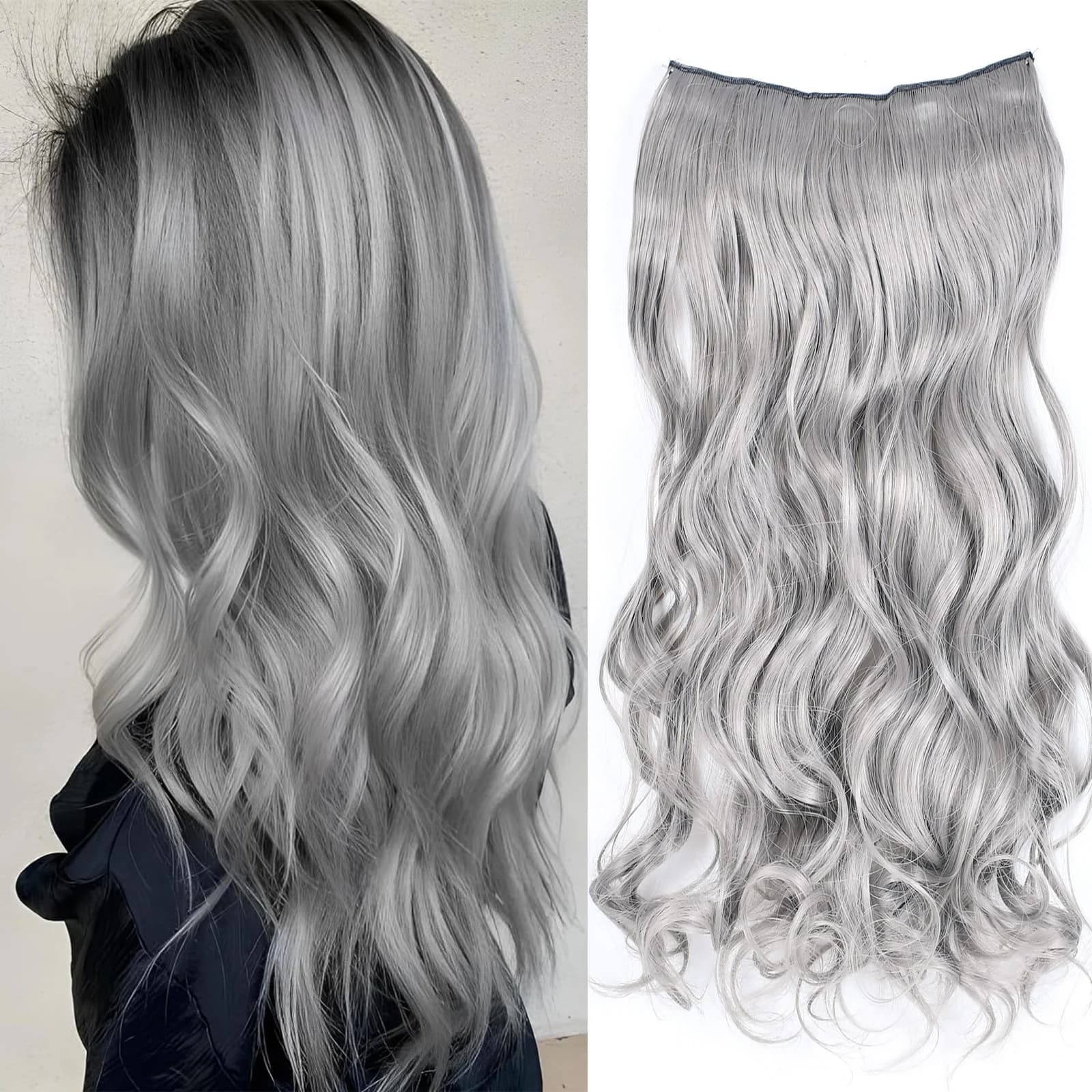 5 Clips One Piece Clip In Hair Extensions Silver Grey Ombre Wavy Straight Synthetic Hairpiece For Women Fashion Hairstyle