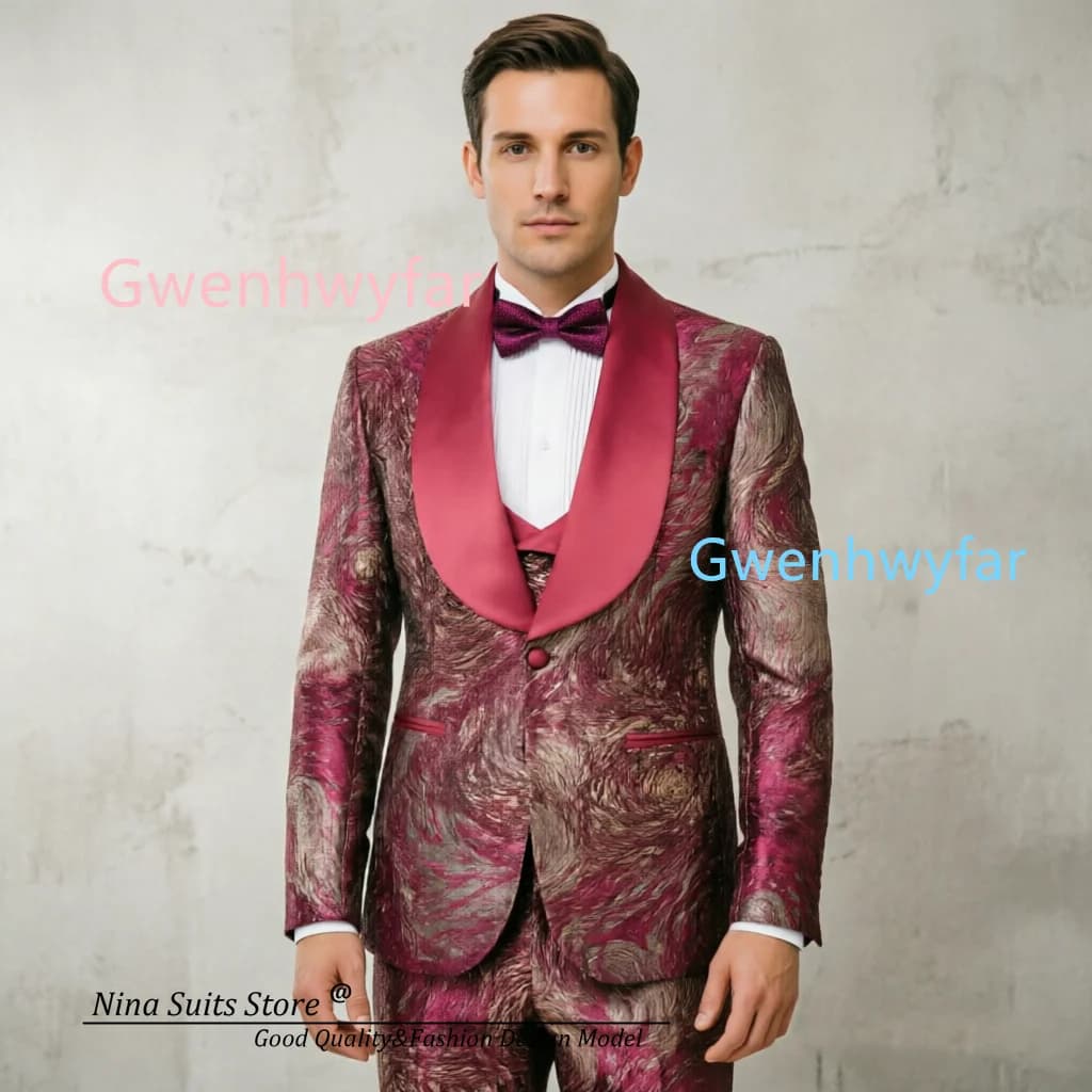 G&N Men's Fashionable Tuxedo 3-Piece Set Lipstick Red Whirlpool Nebula Pattern Embroidery Wedding Ceremony Attire Men's Costume
