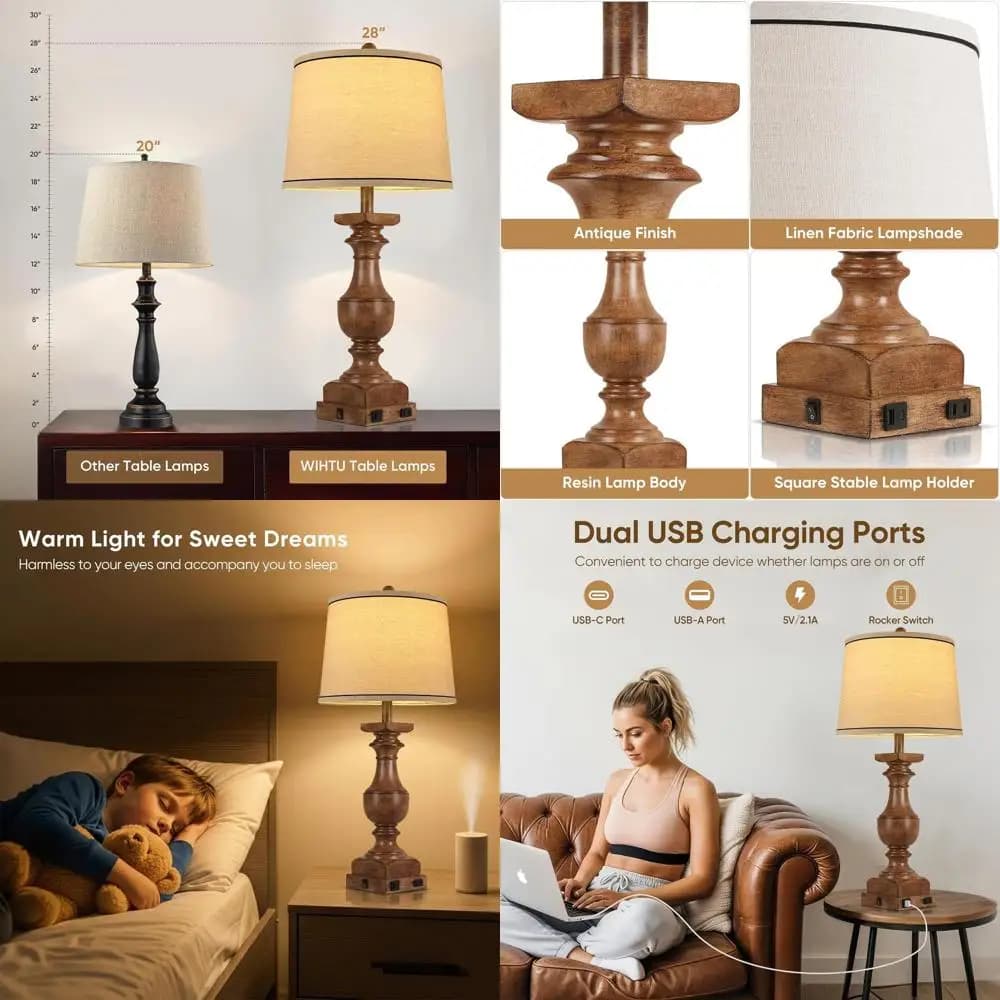 Set di 2 28 lampade da scrivania in stile fattoria con paralumi in lino, porte USB e AC e lampadina inclusa