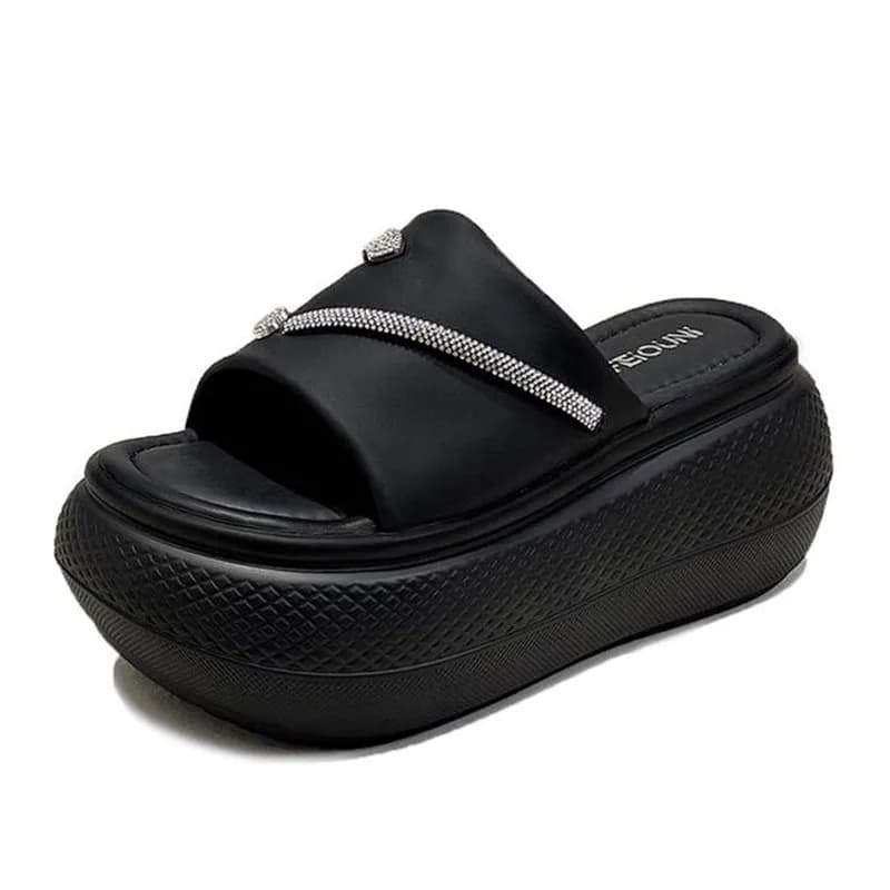 New Women's 2026 Summer Outdoor Platform Bling Slippers 8CM Thick Bottom Leather Sandals Outsole Breathable Slip-On Flip Flops