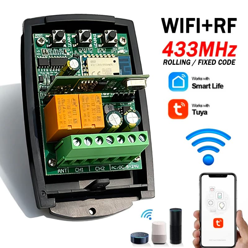 Modulo Interruttore Intelligente WiFi Tuya 433MHz, Ricevitore Universale per Porte di Garage, Telecomando 2CH 433.92MHz, Controllore per Apertura Cancelli