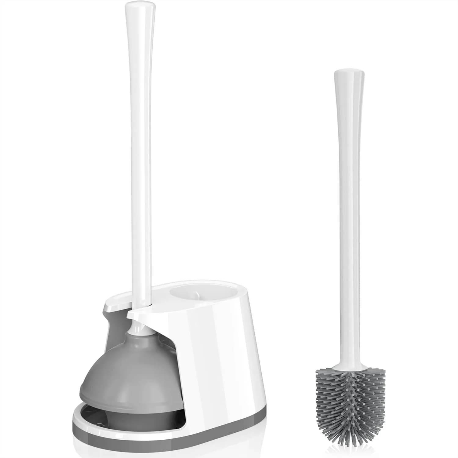 Set di sturalavandini e spazzola per WC, spazzola in silicone con supporto ventilato, combo 2-in-1 per la pulizia profonda degli scarichi da 5,3 pollici
