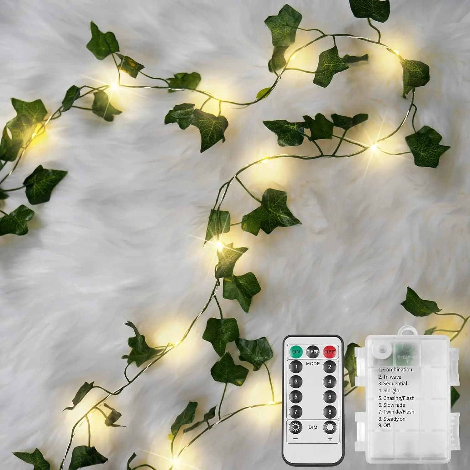 Luci a stringa a LED effetto edera da 10m (33ft) con 100 LED e telecomando, luci fatate bianco caldo per camera da letto, giardino, decorazioni per feste