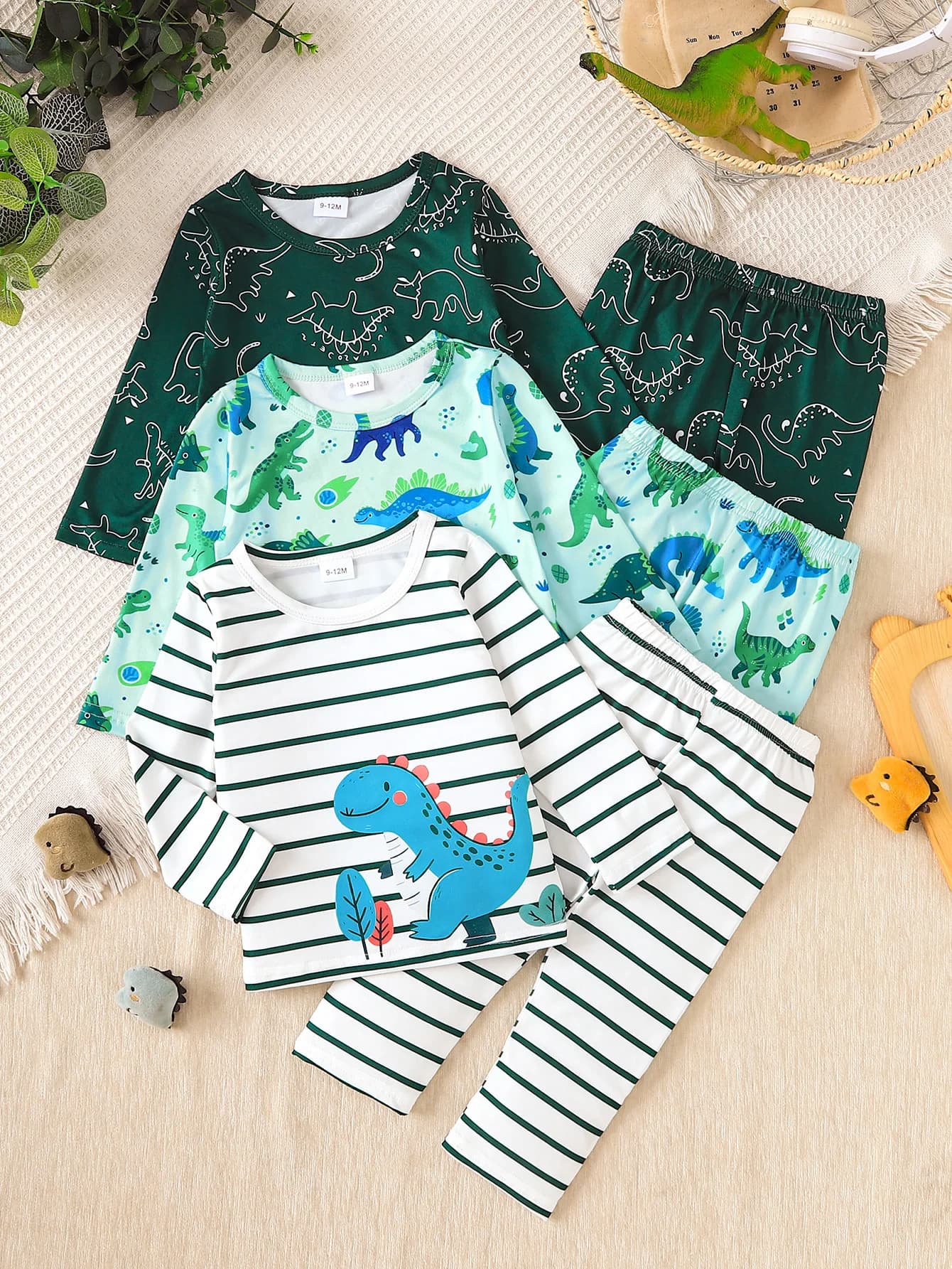 6pcs Spring Autumn Boys Dinosaur Pajama Sets, 3 Styles Cartoon Dinosaur Print Long Sleeve Tops & Pants Kids Loungewear Sleepwear