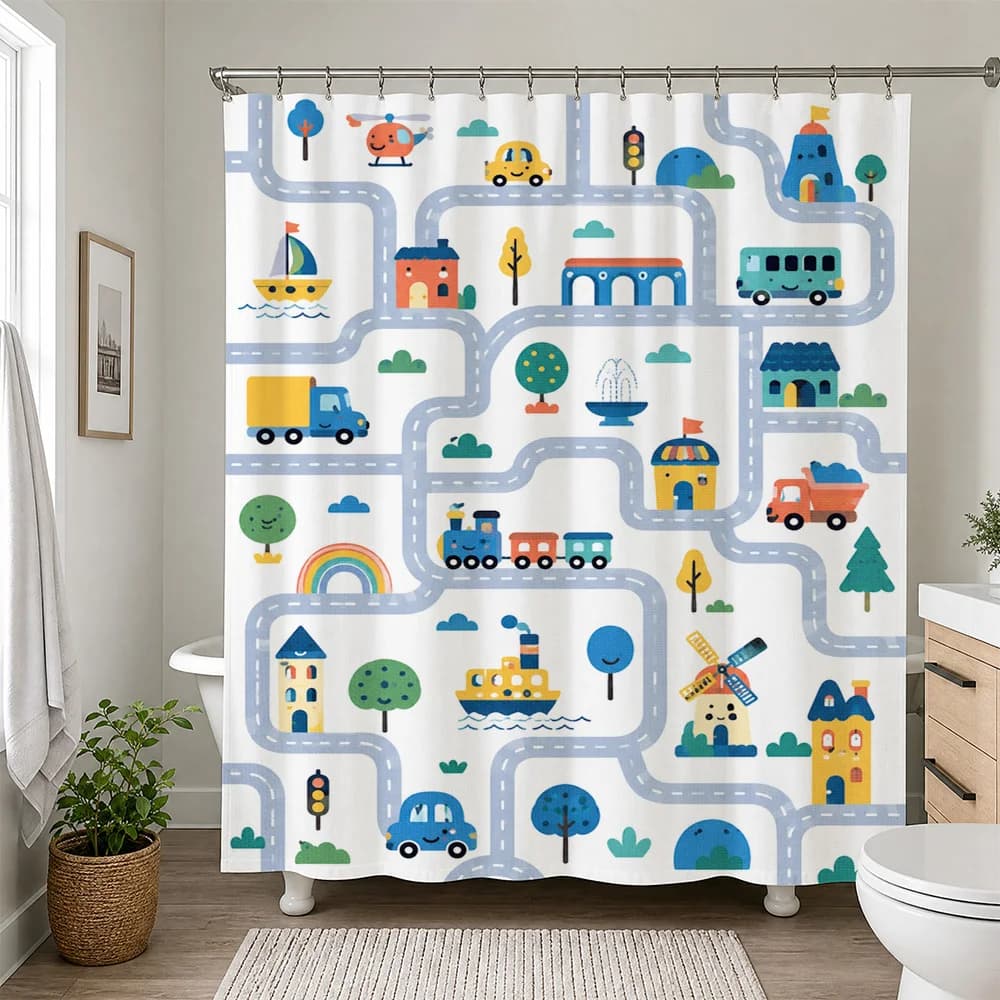 Cute Cartoon Town Street Scene Shower Curtain Bathroom Decor Kids Nursery Shower Curtain Waterproof Shower Curtain