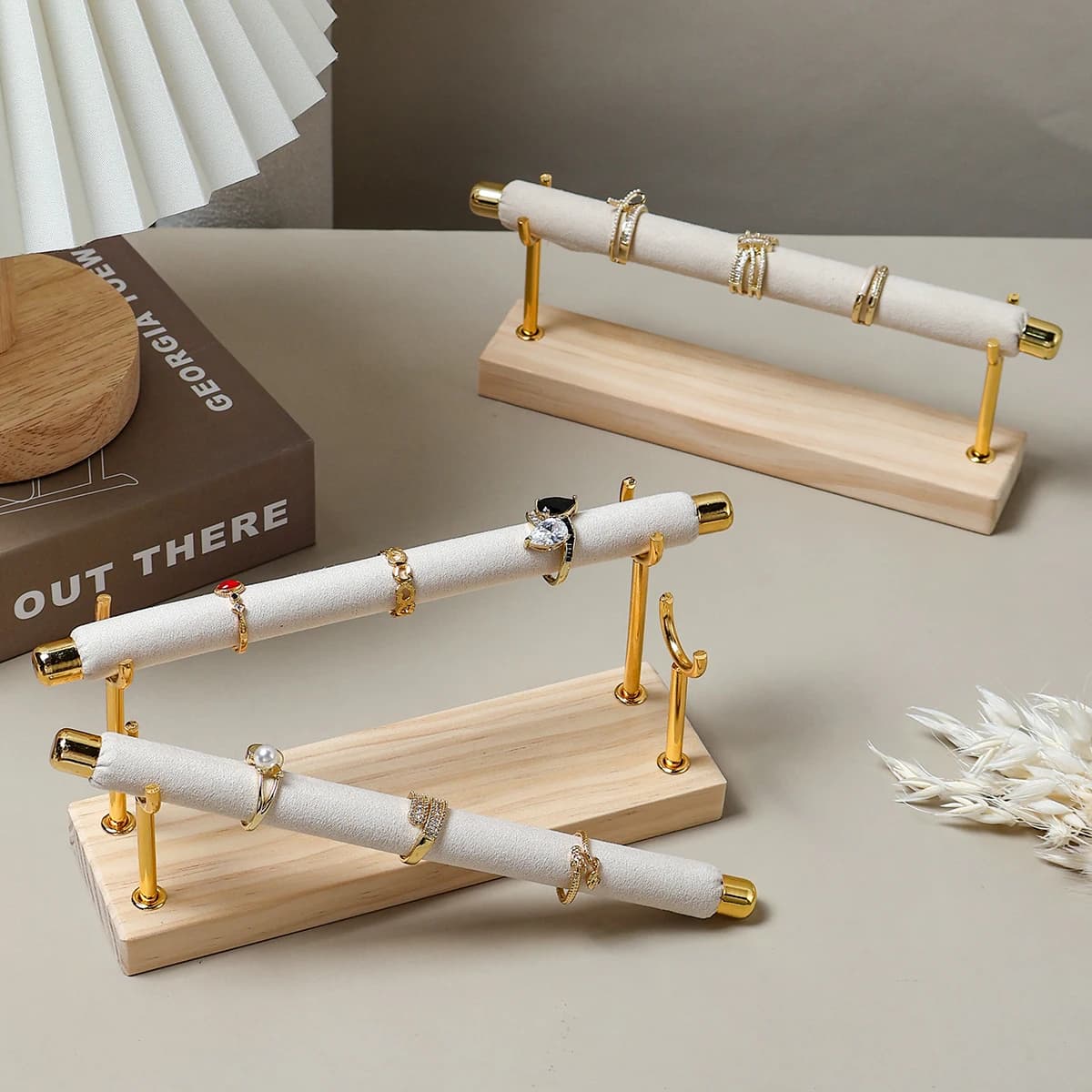 Solid wood base ring display rack Sponge stick ring holder Multi layer ring storage and organization rack Removable metal rack
