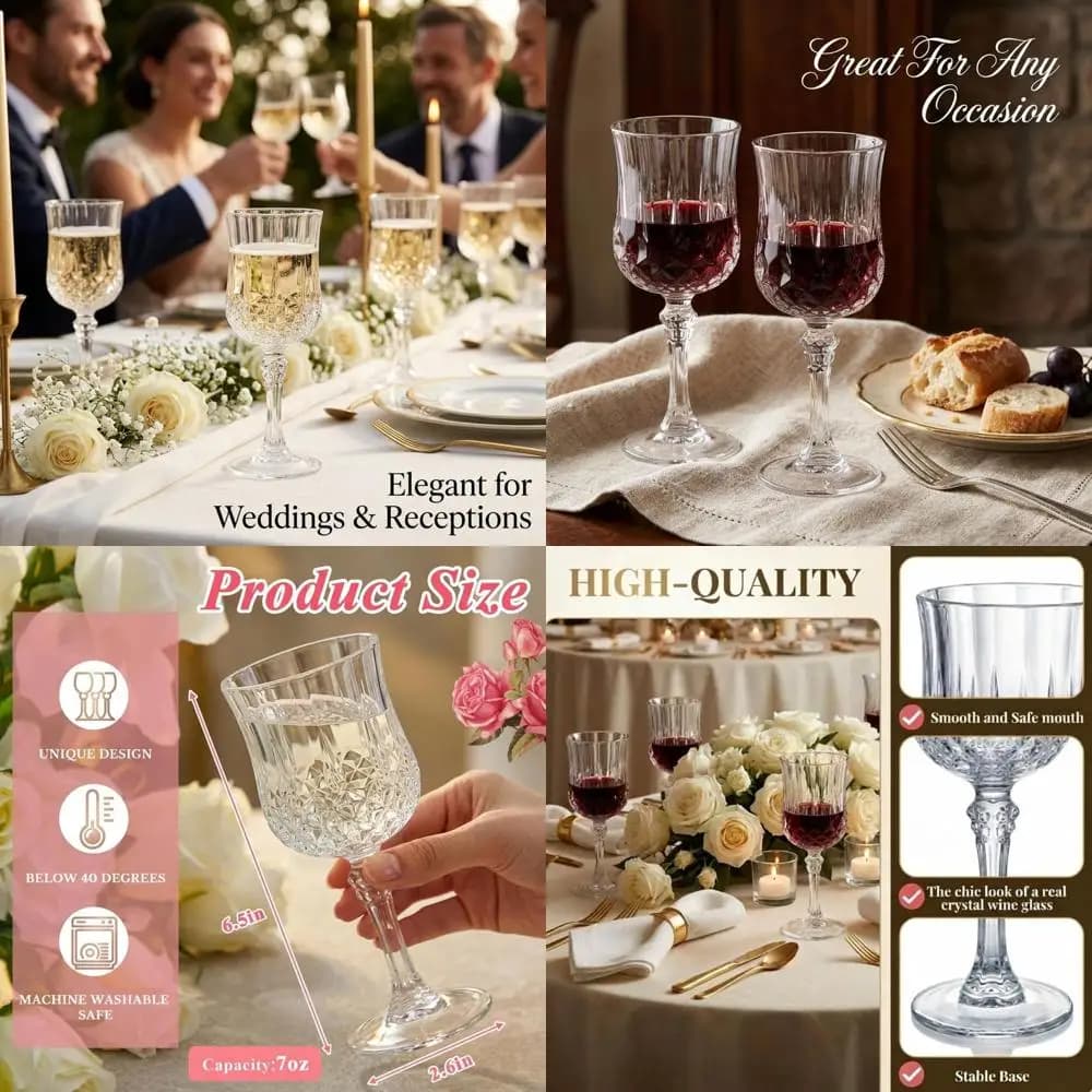 Set di 50 Bicchieri da Vino in Plastica Riutilizzabili da 200 ml Stile Vintage, Ideali per Bere Acqua, Lavabili in Lavastoviglie, Perfetti per la Festa della Mamma