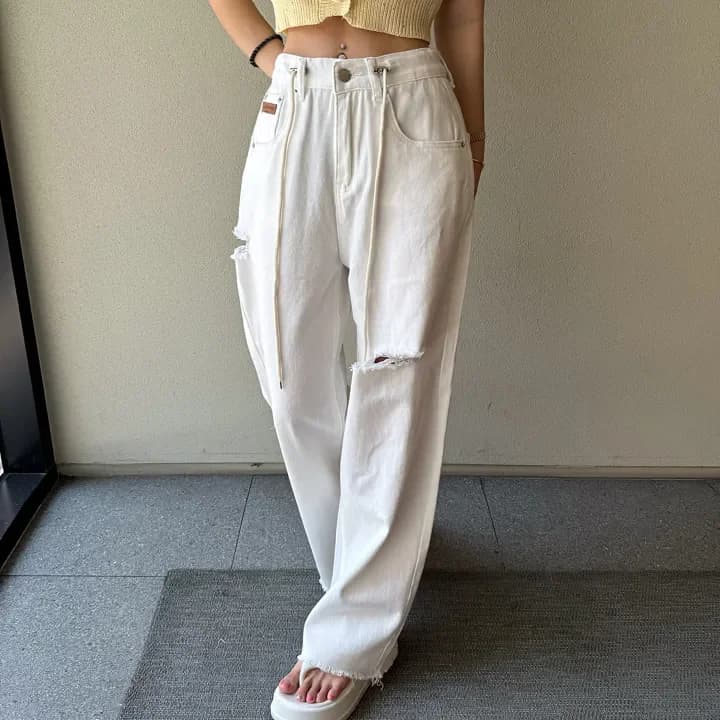 Tie Rope Loose Wide Leg Jeans Casual High Waist Long Pants for Women 18-24 Years Old Spring 2025 Denim with Hole