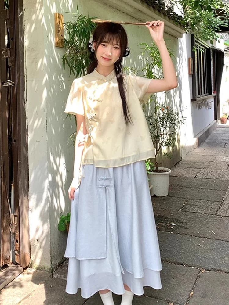 Top e gonna in stile zen cinese blu con scollo all'americana e maniche corte, set in due pezzi, outfit estivo alla moda da donna, gonna a vita alta