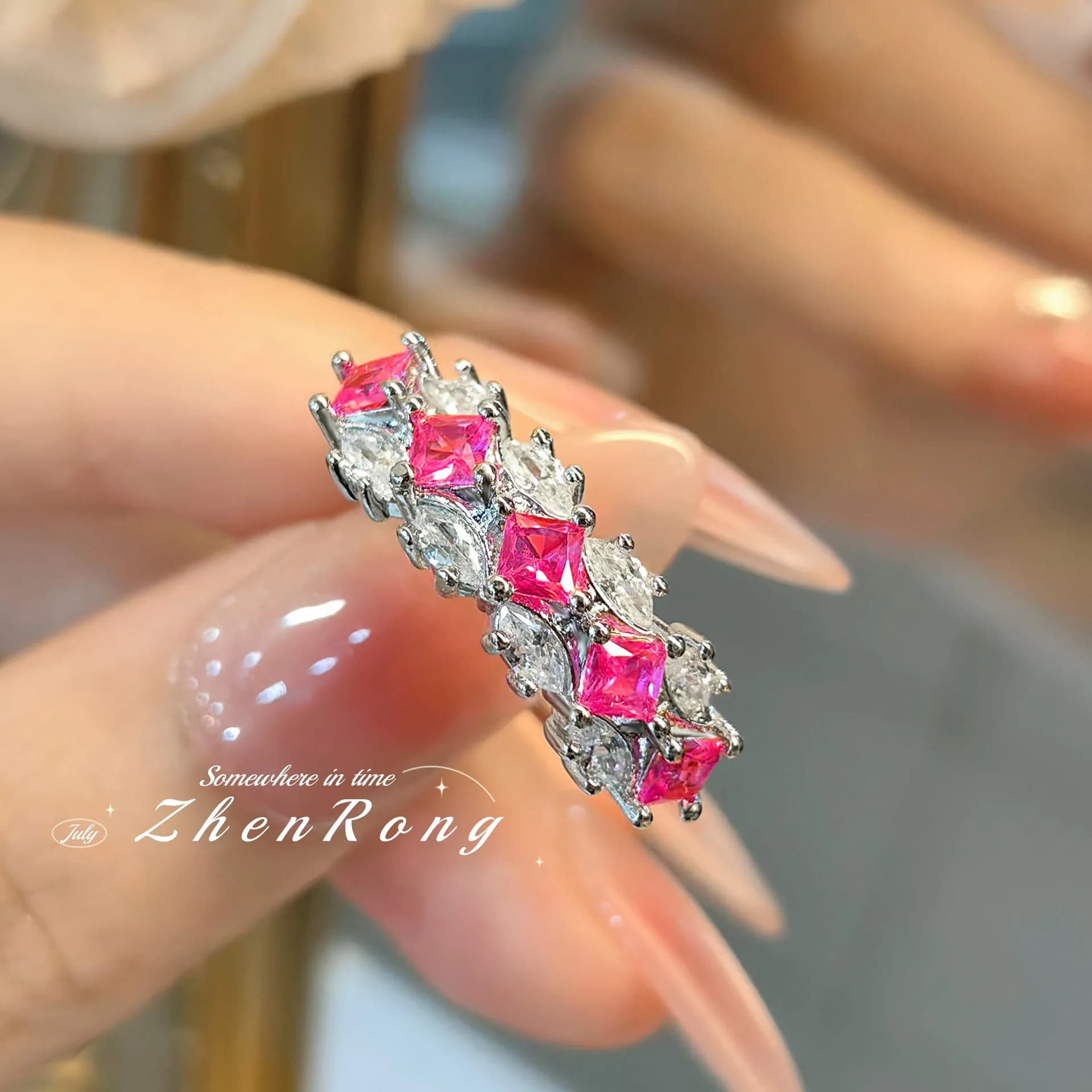 Light luxury niche s925 silver ruby ring women's personality high carbon diamond tail ring row ring