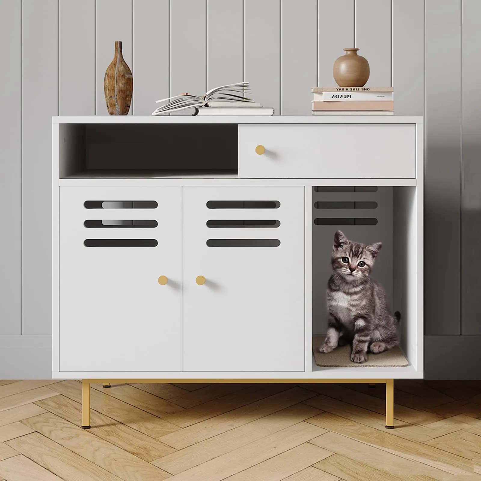 Mobiletto moderno per lettiera per gatti con ripiano portaoggetti, mobiletto 2 in 1 per animali domestici con gambe in metallo, casetta per gatti da interno.