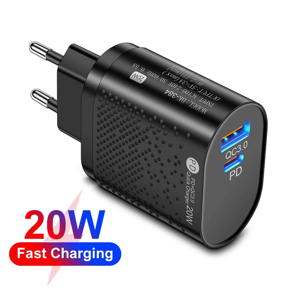 PD 20W USB Fast Charging Charger QC 3.0 Dual Port Wall Charger Adapter EU/US/UK Plug Type C Charger for iPhone 17 Samsung Xiaomi