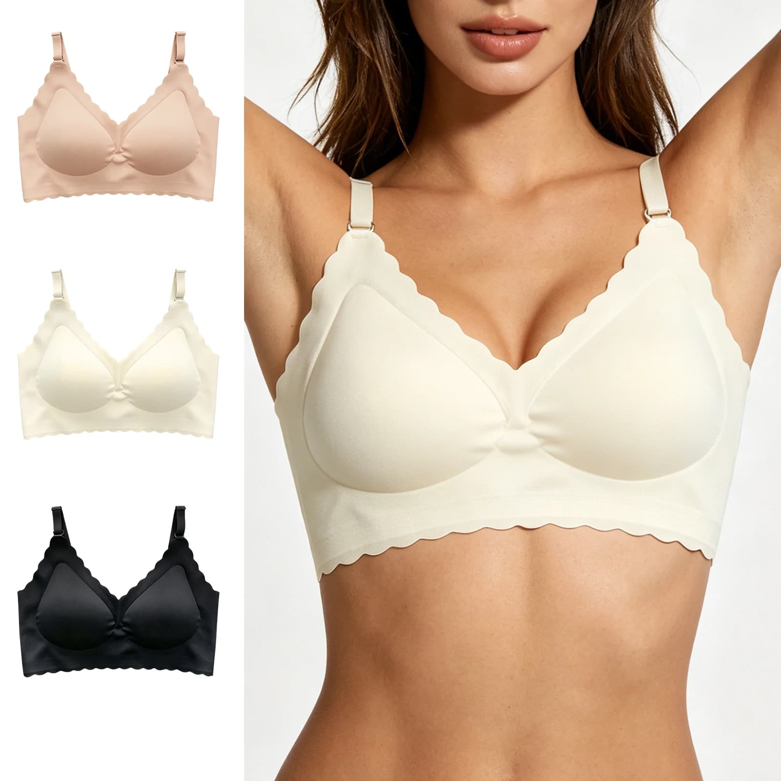 Women Seamless Wireless Bra, Wavy Edge V-Neck Comfort Soft Underwear, Adjustable Straps Everyday No Wire Bralette