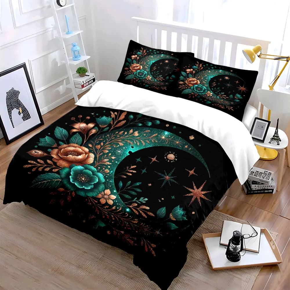 Set di biancheria da letto Moon Floral Art Decor con 1 copripiumino e 2 federe, singolo, matrimoniale, king size, queen size, regalo