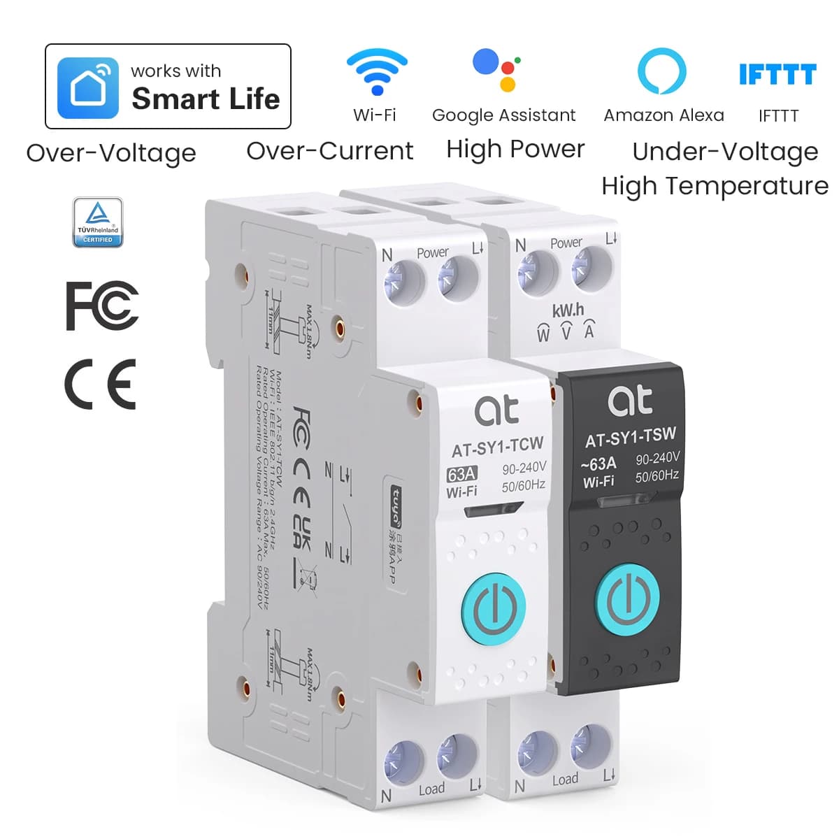 Tuya WiFi Interruttore Intelligente 1P + N 63A MCB Timer Alimentazione Energia kWh Tensione Misuratore di Corrente Protezione Voce Interruttore di Controllo Remoto