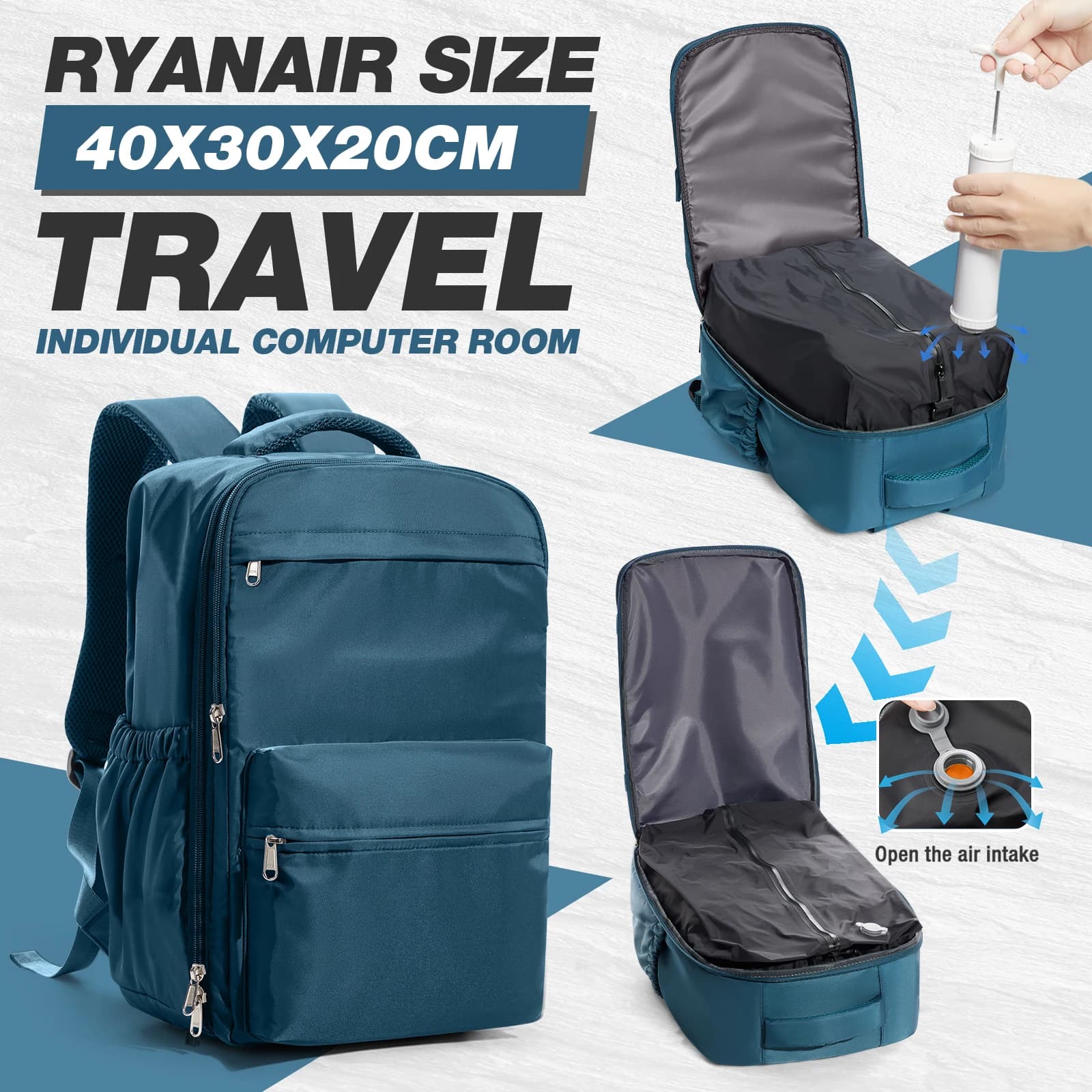 Zaino da Viaggio Ryanair 40x30x20, Zaino Sottovuoto Bagaglio a Mano per Cabina, Borsa per Laptop per Uomo e Donna, Compressione Sottovuoto Salva Spazio
