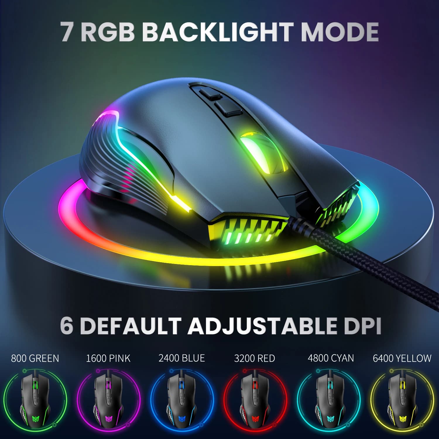 ONIKUMA CW905 Mouse da gioco cablato Livelli regolabili 6400 DPI Pulsanti programmabili Modalità di illuminazione RGB Mouse ergonomici per PC Gamer