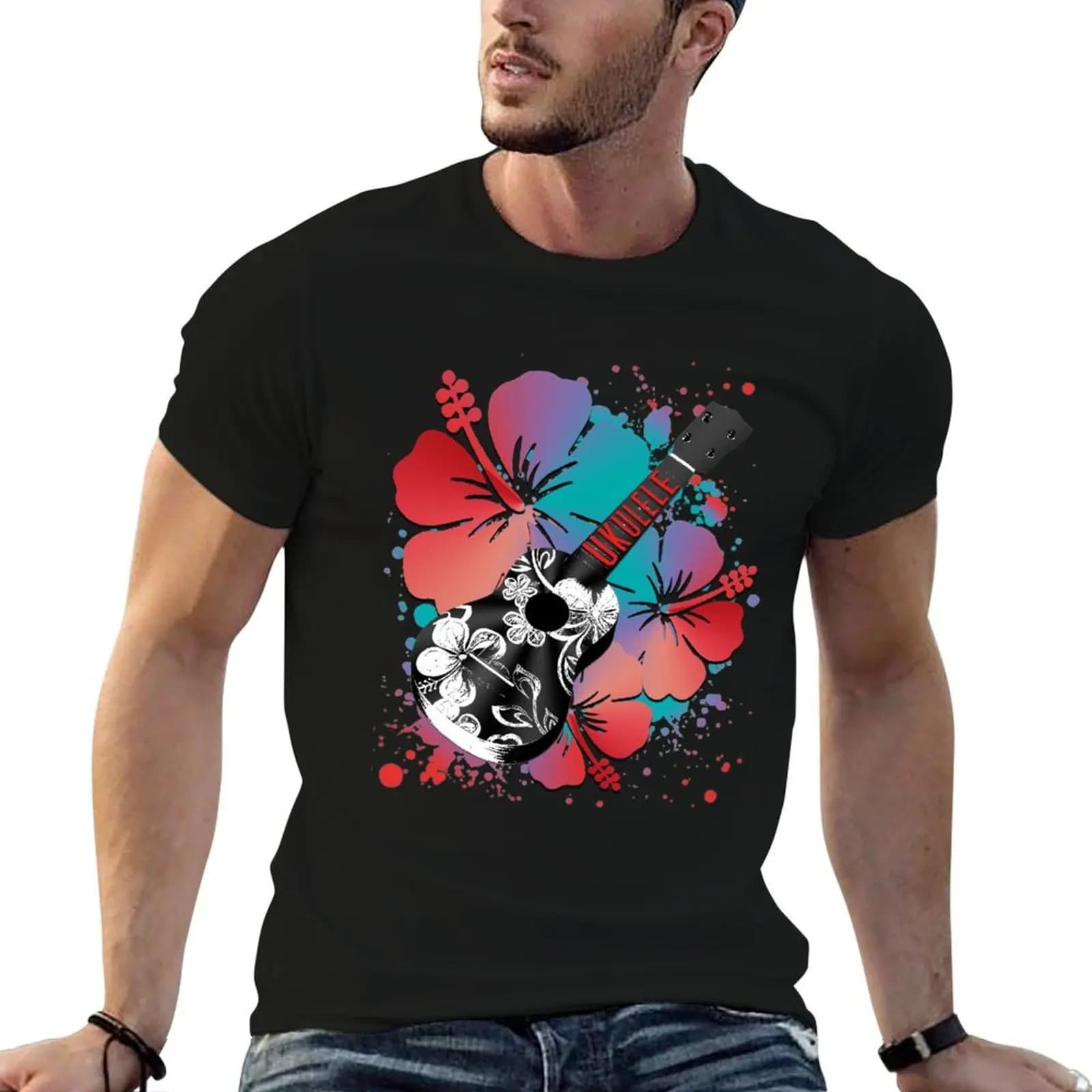 T-shirt UKULELE HIBISCUS, t-shirt anime, t-shirt oversize da uomo, t-shirt slim fit da uomo, confezione di t-shirt bianche
