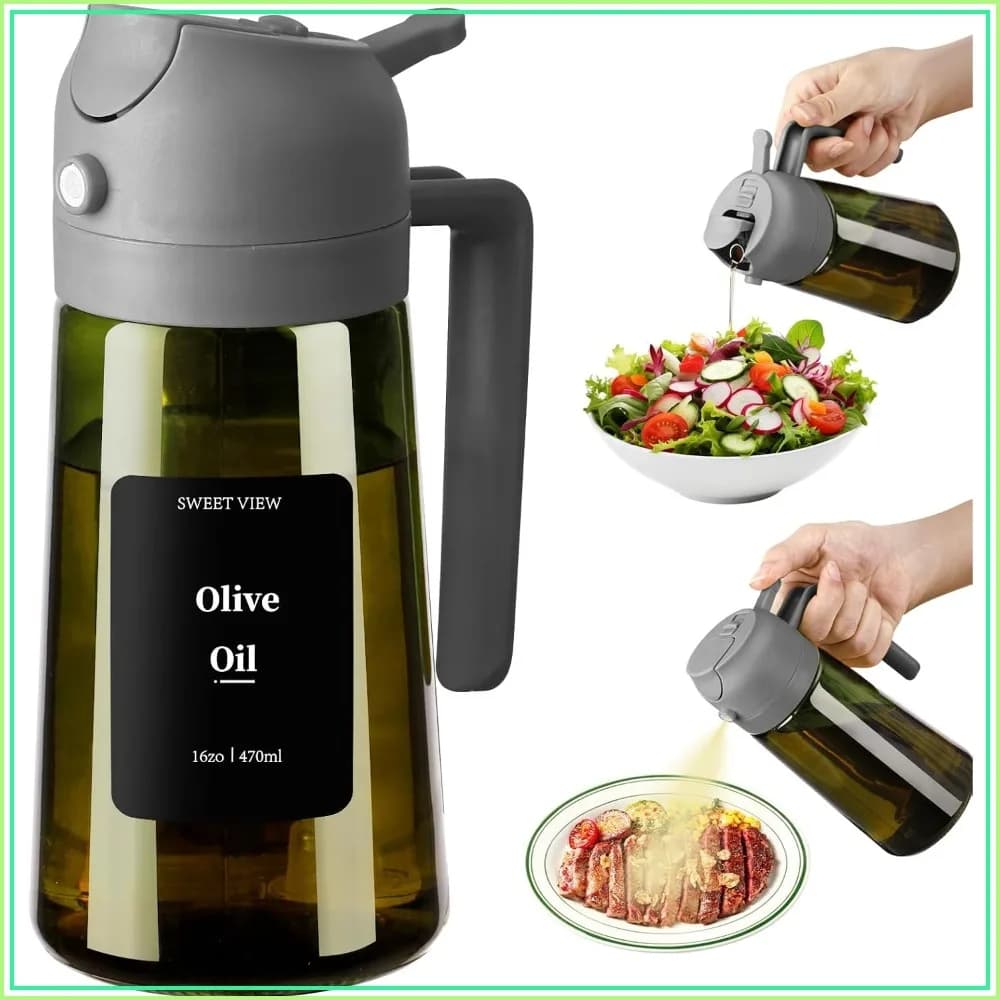 2-in-1 Olive Oil Dispenser & Sprayer, 16oz Glass Bottle for Kitchen, Air Fryer, Salad, BBQ