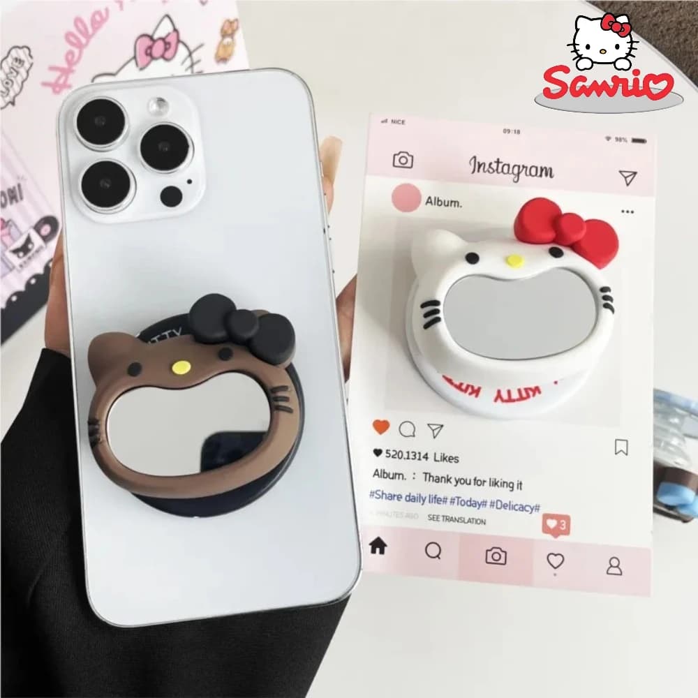 Magnetic phone stand with Sanrio kitten-shaped mirror, compatible with MagSafe for iPhone and Samsung Galaxy, with expandable ring for your finger.