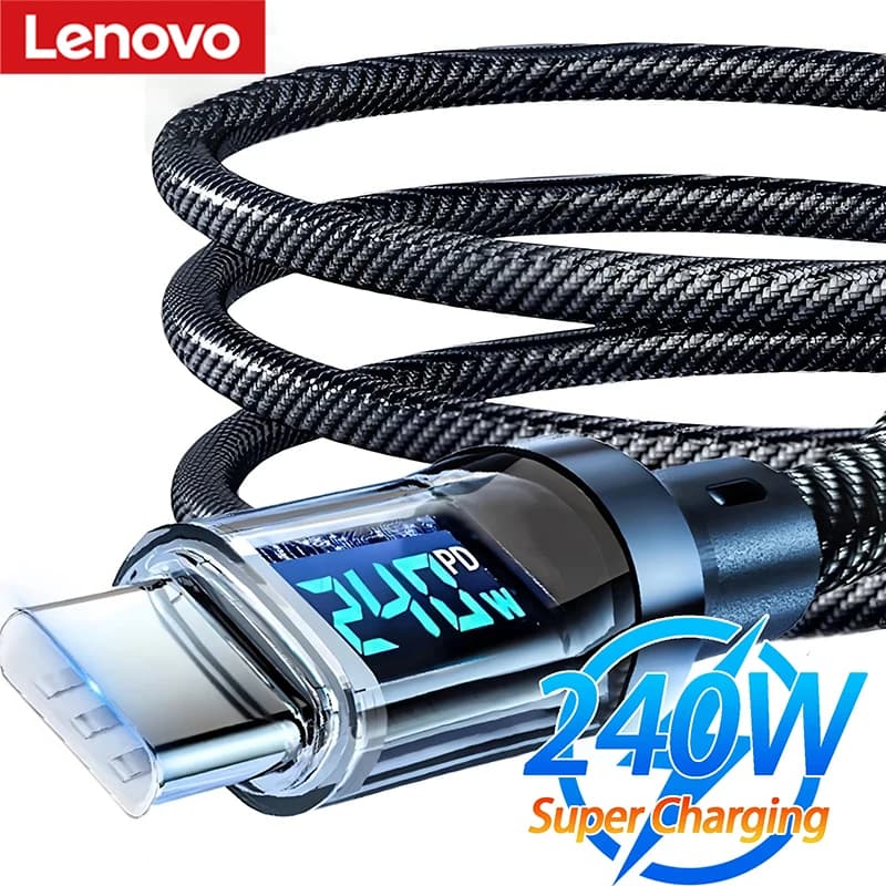 Cavo Lenovo da tipo C a tipo C da 240 W, cavo di ricarica super veloce per telefono con display a LED, cavo dati da USB a tipo C per Xiaomi Huawei
