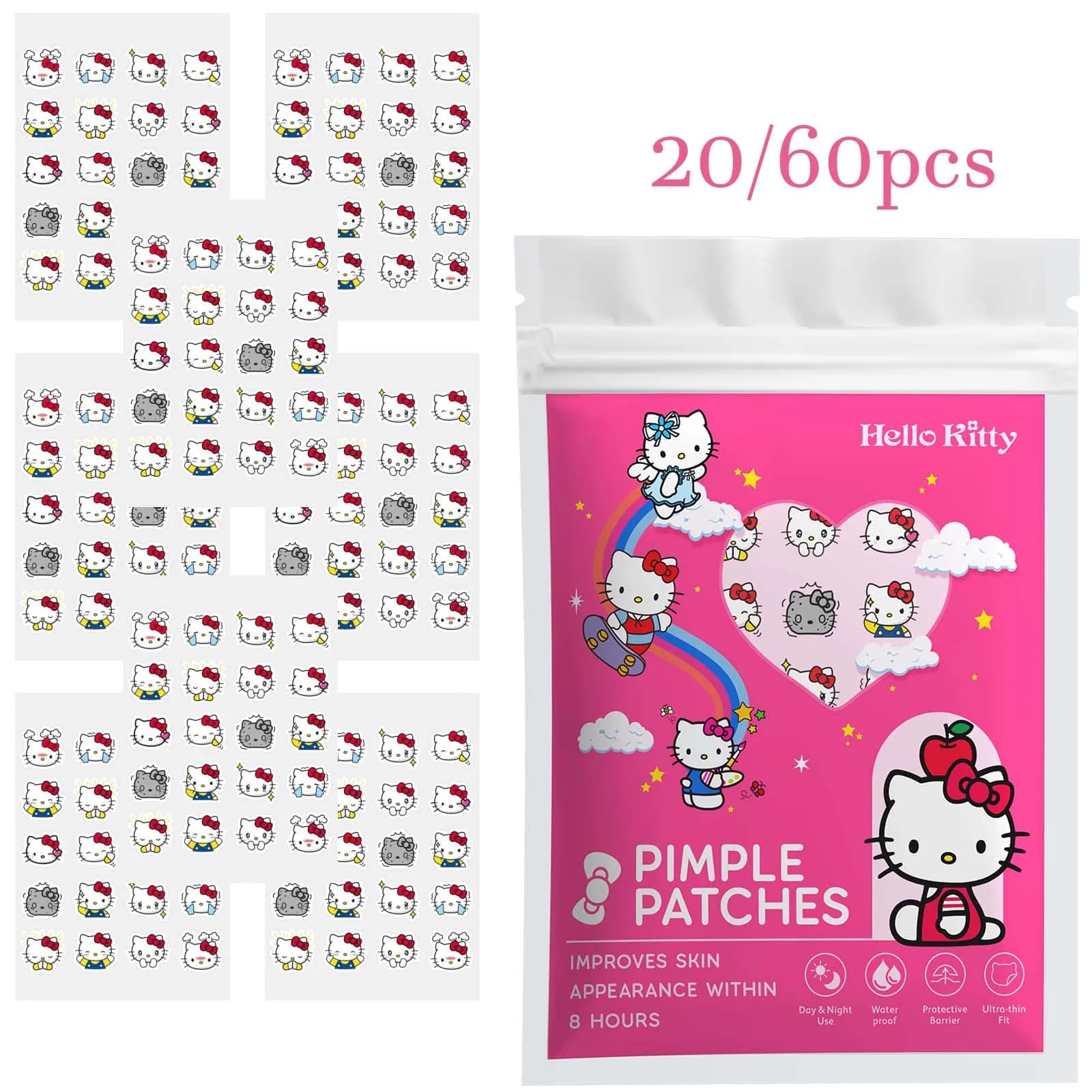 20/60PCS Hello Kitty Pimple Patch Set Hydrocolloid Invisible Face Stickers with Salicylic Acid Centella
